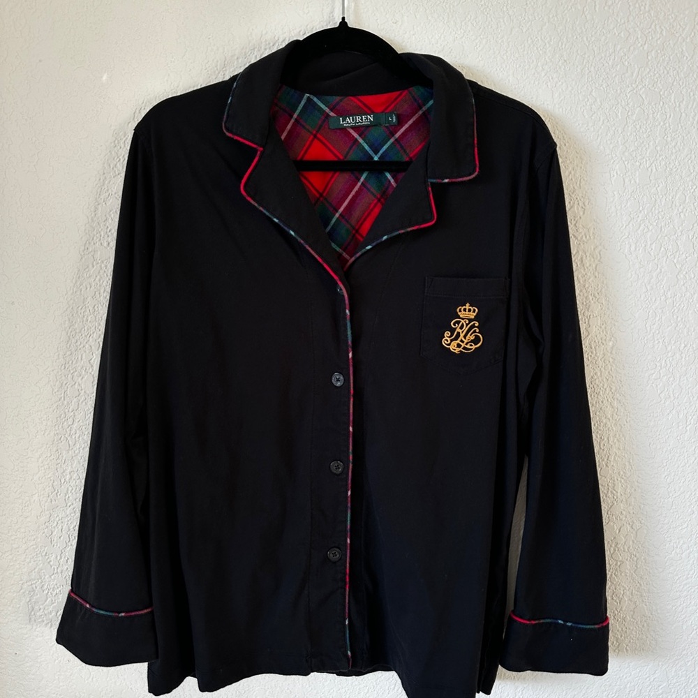 Ralph Lauren Black Sleep Top with Red and Green Plaid Accents - Large
